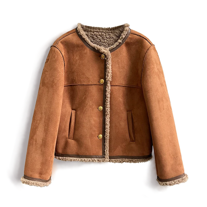 Gemütliche braune Jacke für Damen mit Fleece-Futter und Knöpfen