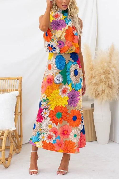 Ärmelloses Maxikleid mit Blumenmuster und Schleifenkragen