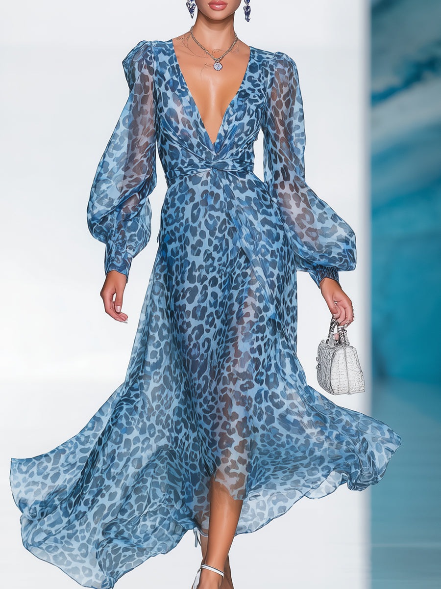 Damen Maxikleid Mit Leopardenmuster Und V Ausschnitt Blau