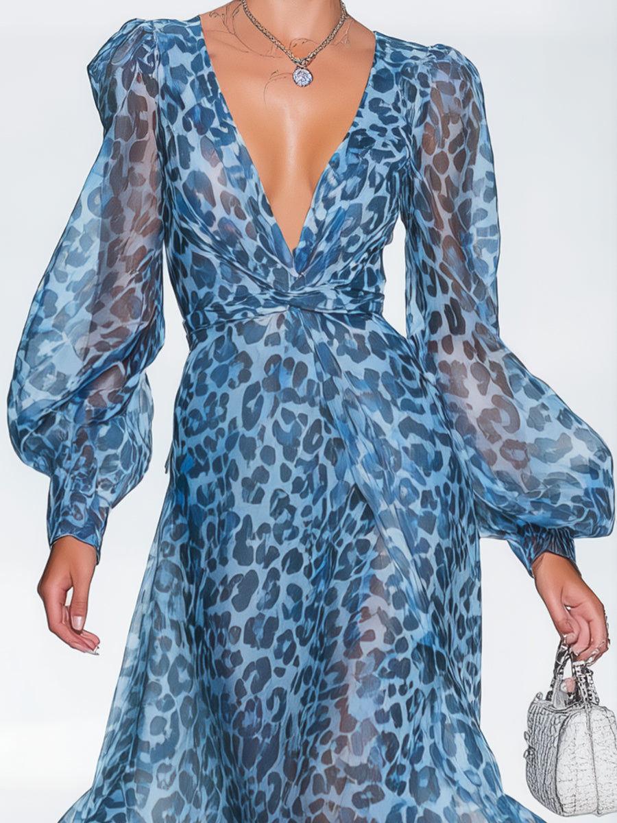 Blaues Maxikleid für Damen mit Leopardenmuster und Ballonärmeln