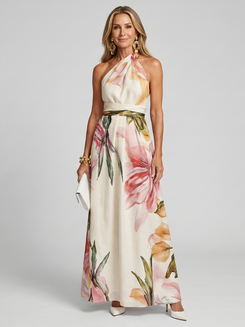 Damen-Maxikleid mit Neckholder und Blumenmuster in der Gesamtansicht