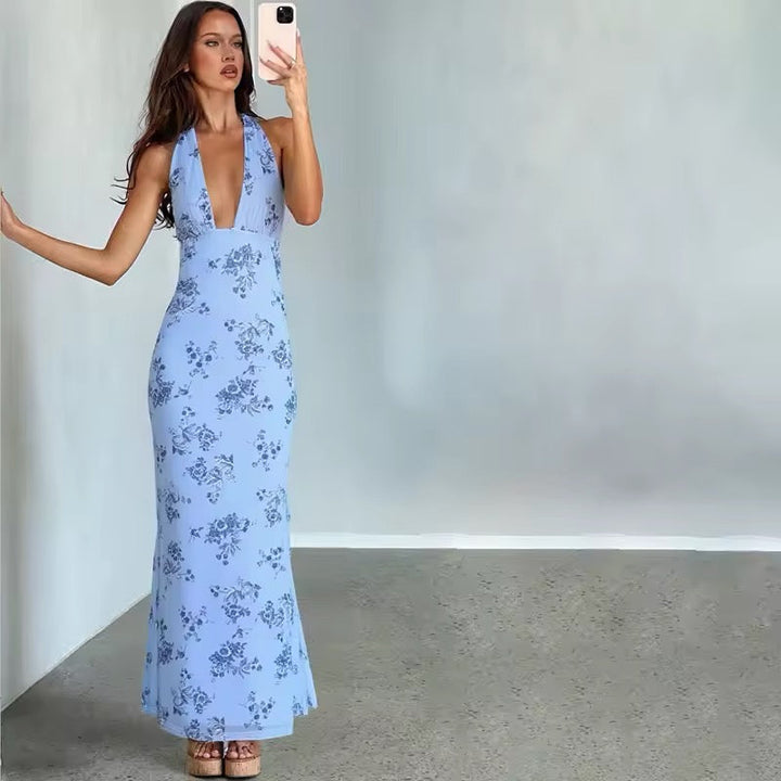 Blaues florales Maxikleid für Damen in eleganter, luftiger Passform