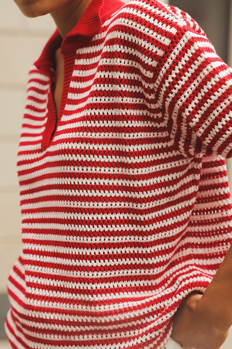 Damen Kurzarm Strickpullover Mit Streifen Und Polokragen