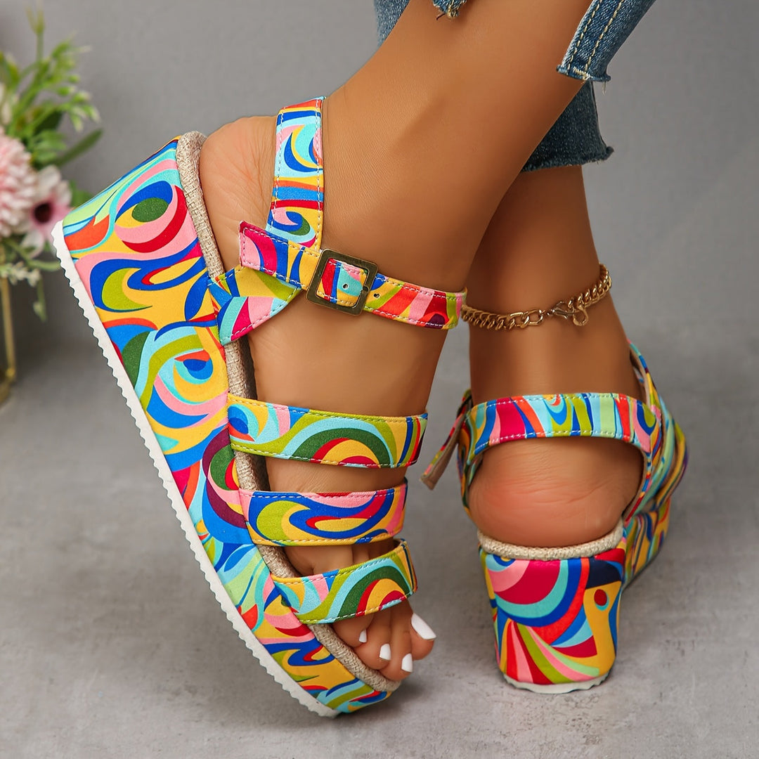 Damen Keilsandalen mit Plateau und buntem Obermaterial von hinten