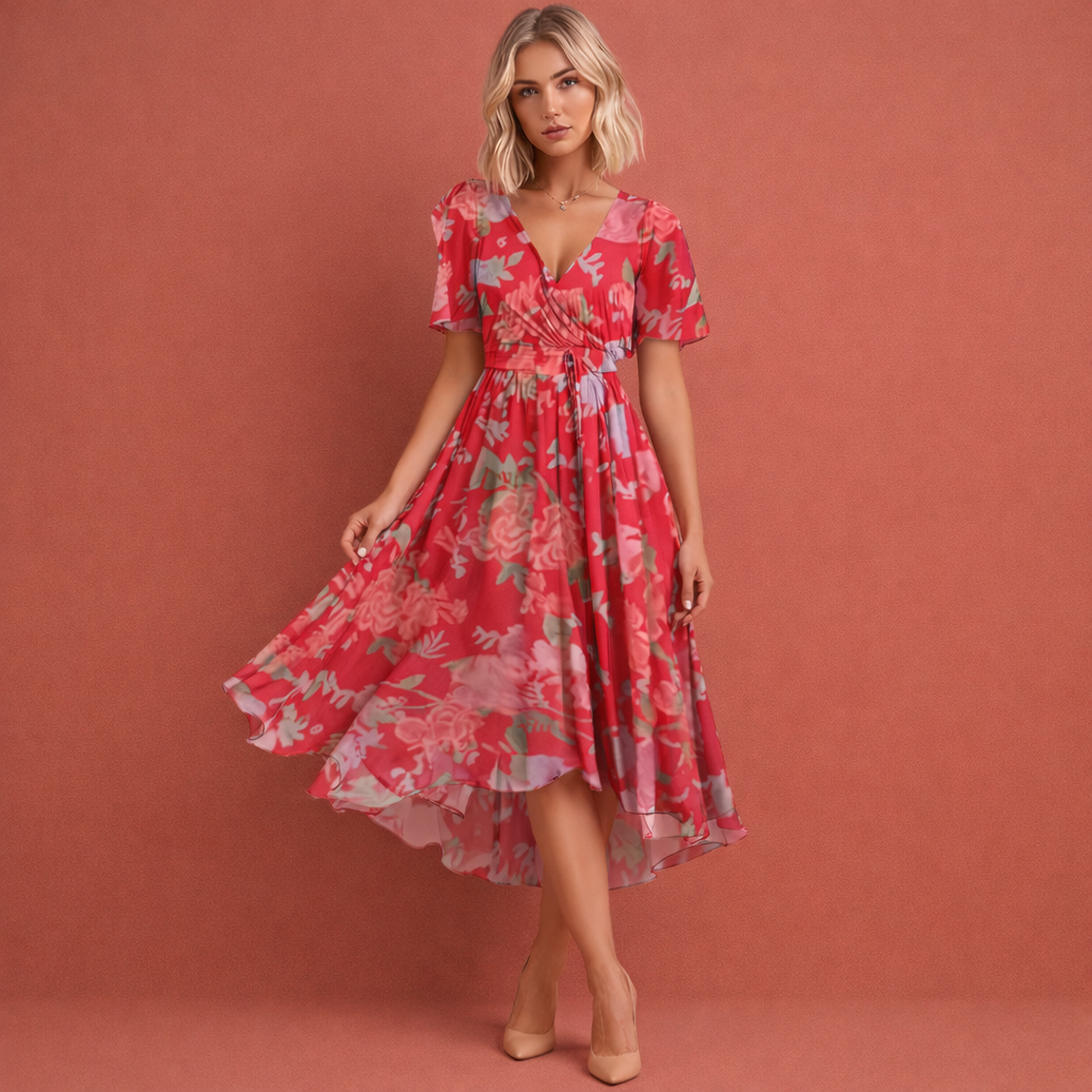 Midi-Kleid mit Blumenmuster und kurzen Ärmeln für Damen