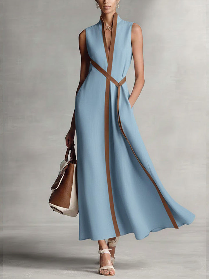 Damen Ärmelloses Baumwoll-Leinen Freizeitkleid mit Stehkragen