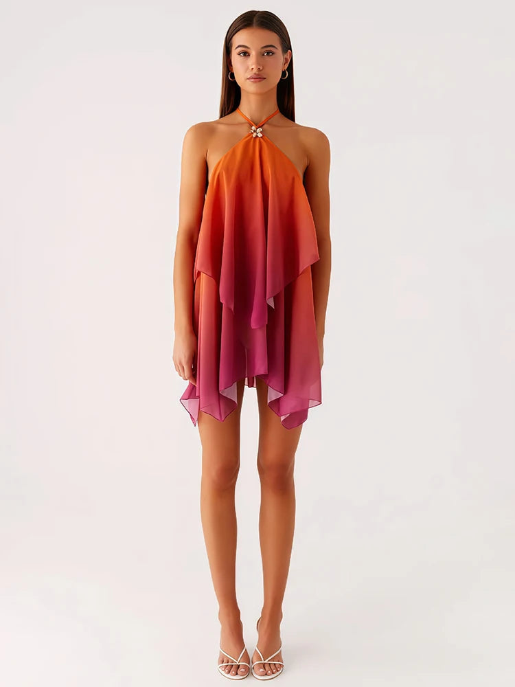 Schickes rosa Gradient Rüsch Mini Kleid