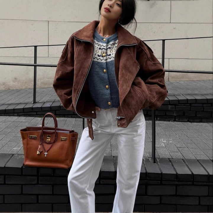 Übergroße Bomberjacke im Wildleder-Look mit asymmetrischem Reißverschluss