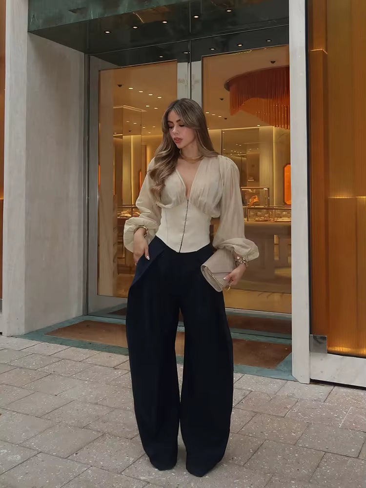 Gekürzte Damen-Corsagebluse mit Puffärmeln Sandfarbe