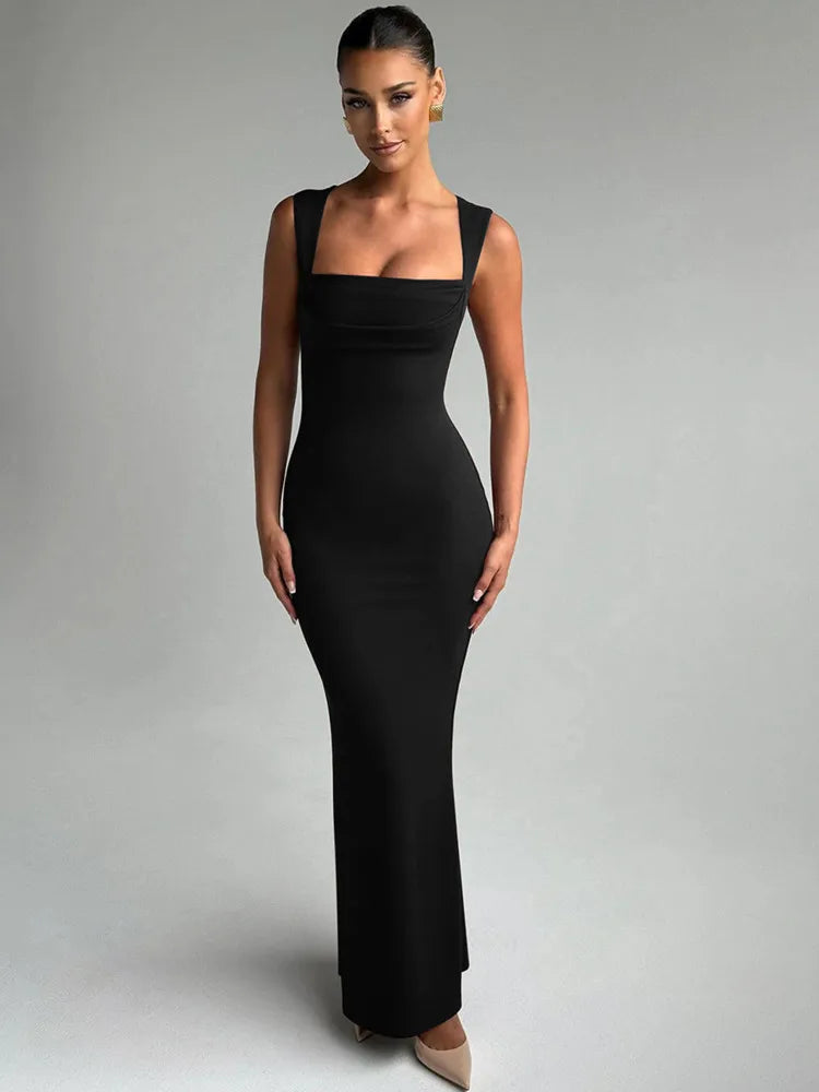 Maxikleid mit quadratischem Ausschnitt, figurbetontes Abendkleid mit formendem Effekt