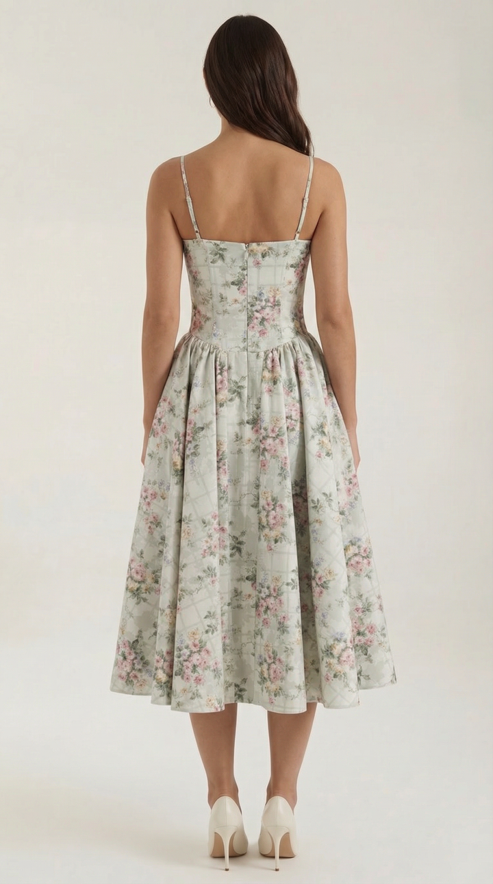 Damen Blumenmieder Midikleid mit Herzausschnitt