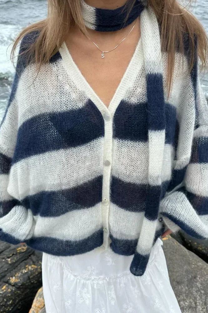 Gestreifter V-Ausschnitt Locker Gestrickter Cardigan Pullover