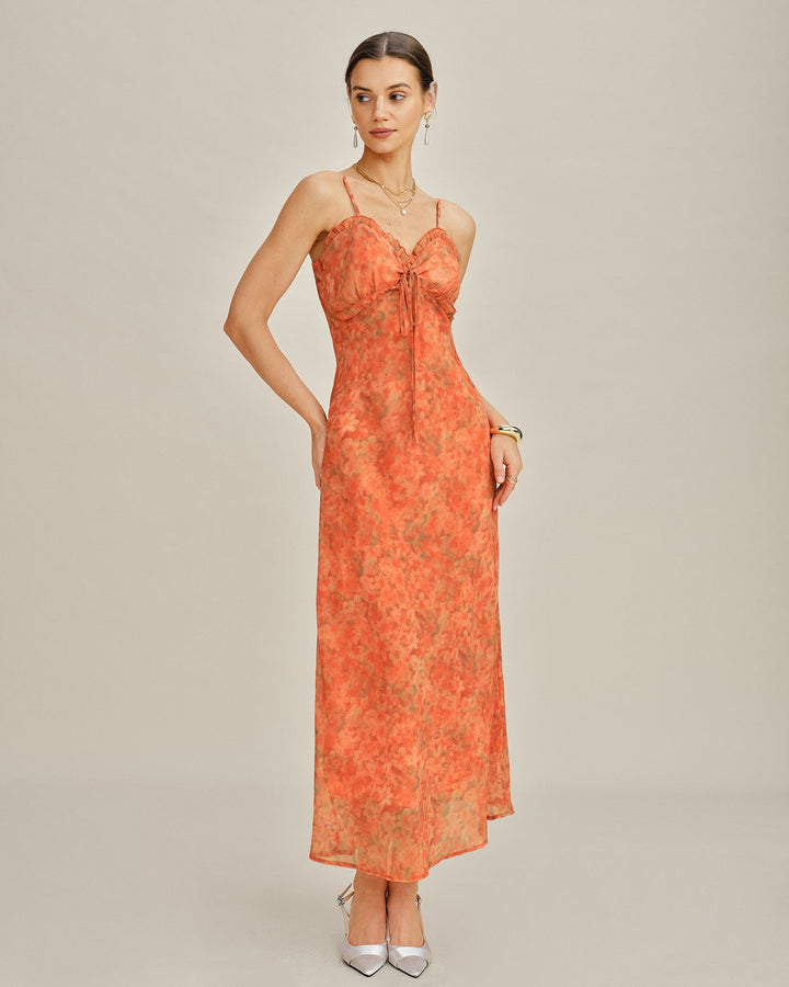 Orangenfarbenes Blumen A-Linien Maxi-Spitzenkleid für Damen