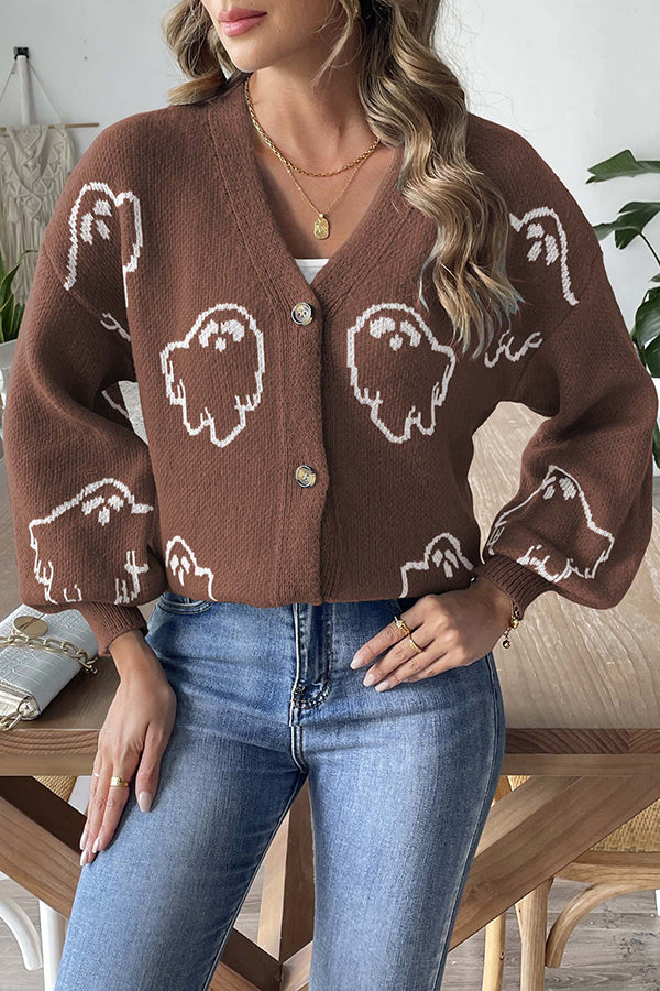 Gemütlicher Halloween-Geister-Strickpullover mit Knopfleiste
