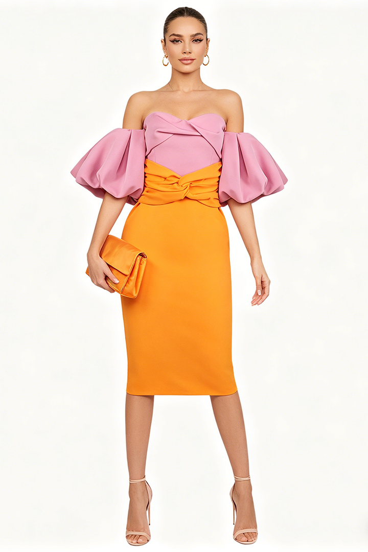 Midikleid mit Farbblock und Puffärmeln