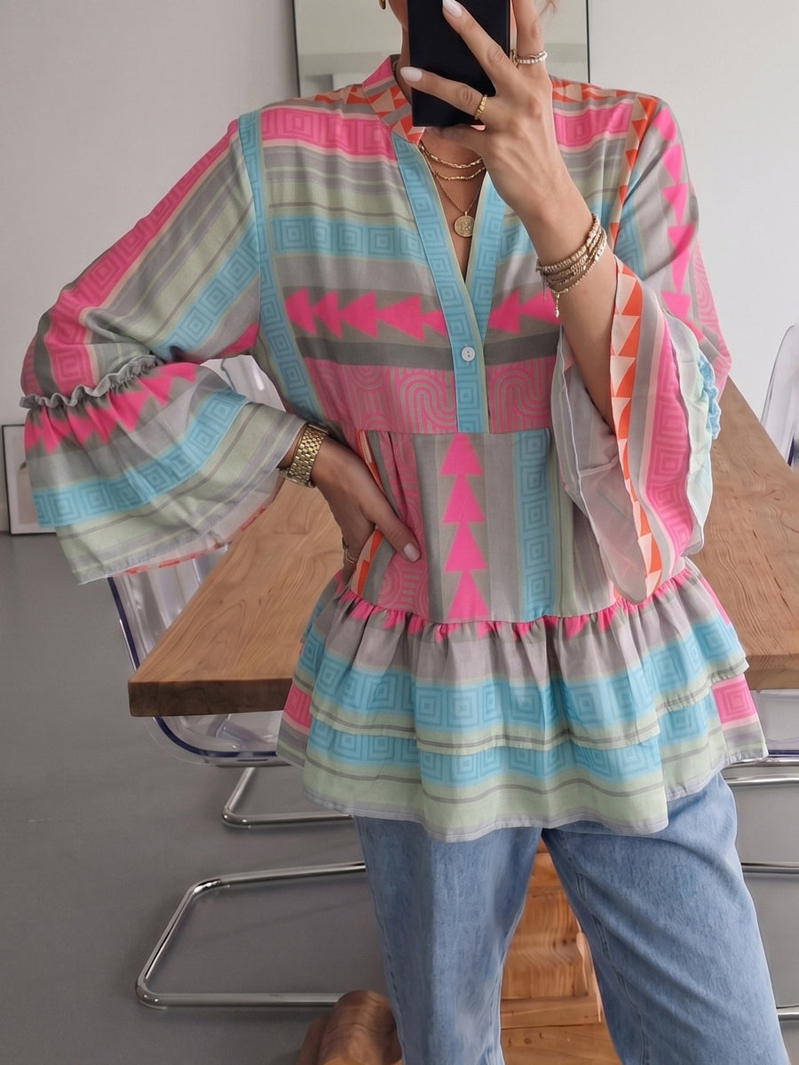 Damenbluse Mit Volantsaum Und V Ausschnitt Rosa Grau