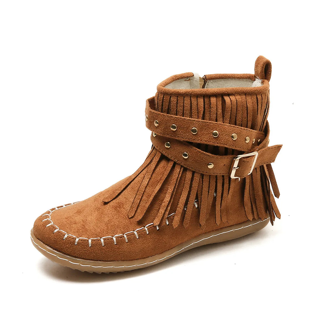 Women's Fringed Boots Made of Soft Suede with Decorative Strap