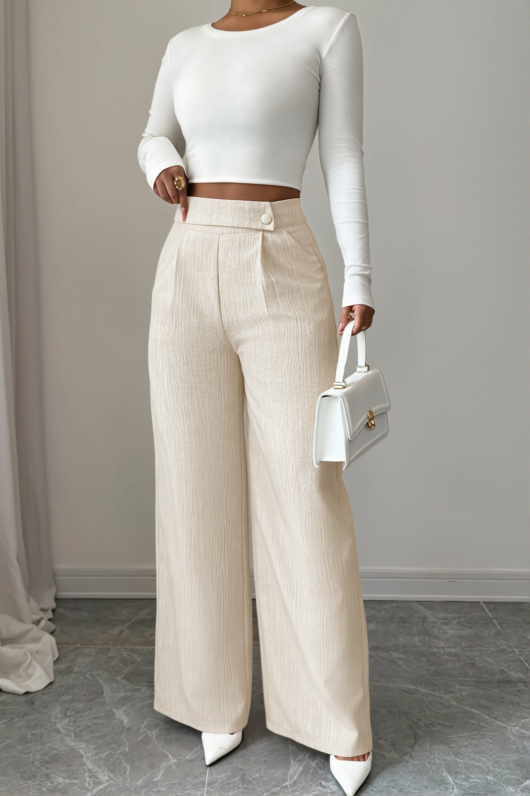 Damen Weite Hose Mit Hoher Taille Und Knopfdetail