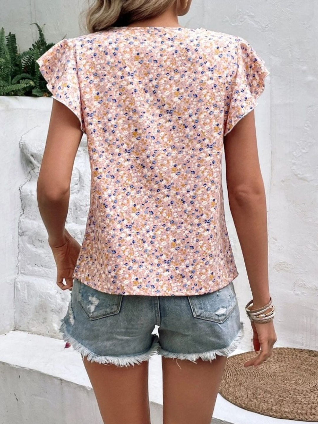 Kleines Blumenmuster Top mit Cap-Ärmeln und rundem Ausschnitt