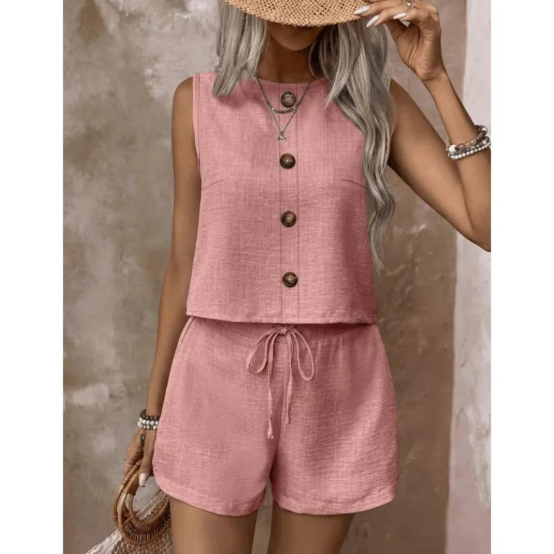 Ärmelloses Damen Zweiteiler-Set mit Shorts und Knopfleiste im Sommerlook