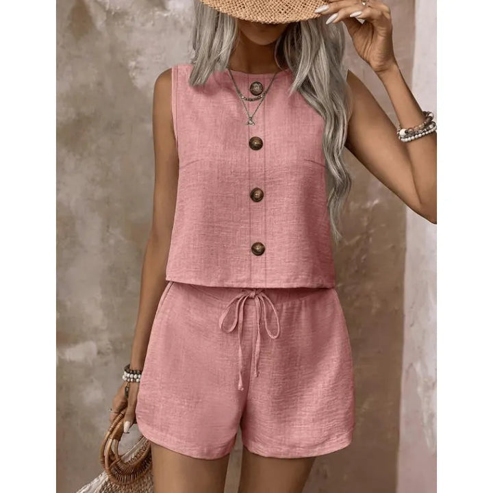 Ärmelloses Damen Zweiteiler-Set mit Shorts und Knopfleiste im Sommerlook