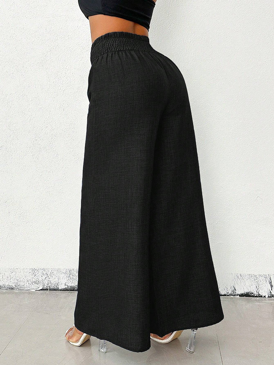 Damen Weite High-Waist Hose in Unifarben mit elastischem Bund, Detailansicht