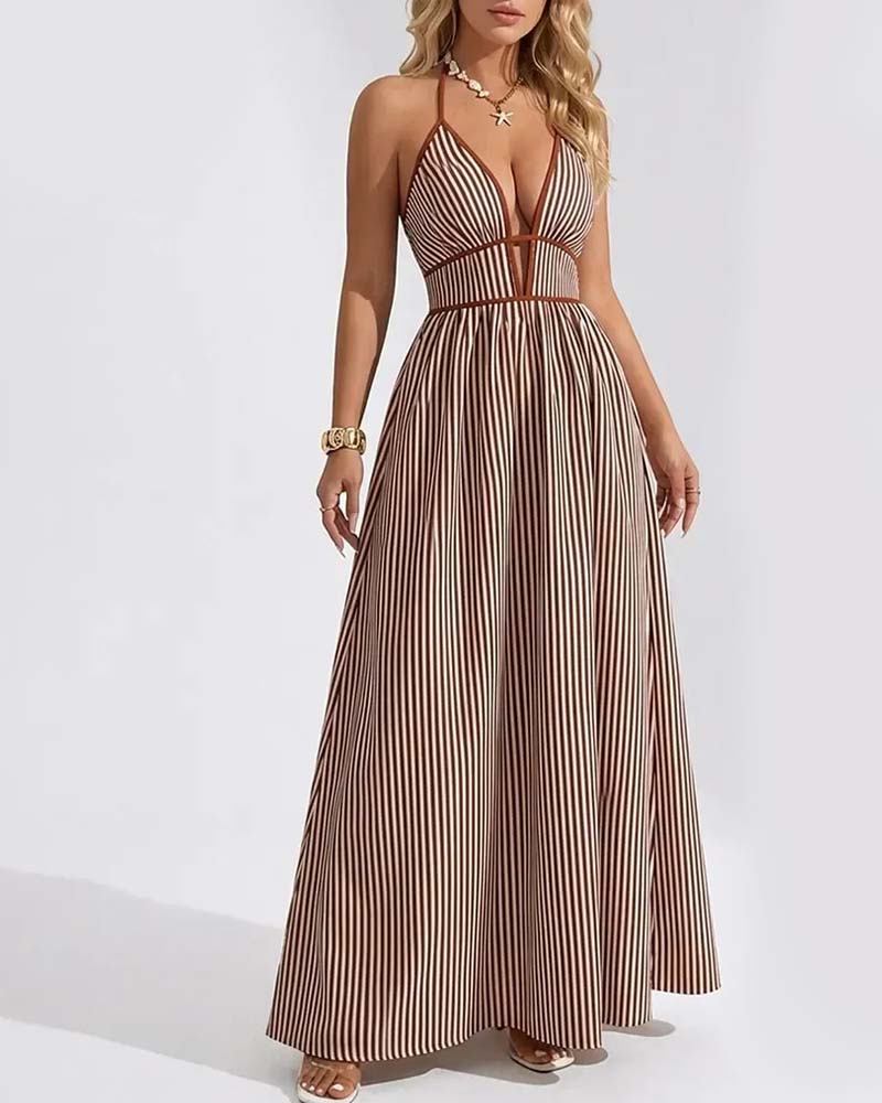 Damen Maxikleid mit Streifen, V-Ausschnitt und Spaghettiträgern in voller Länge