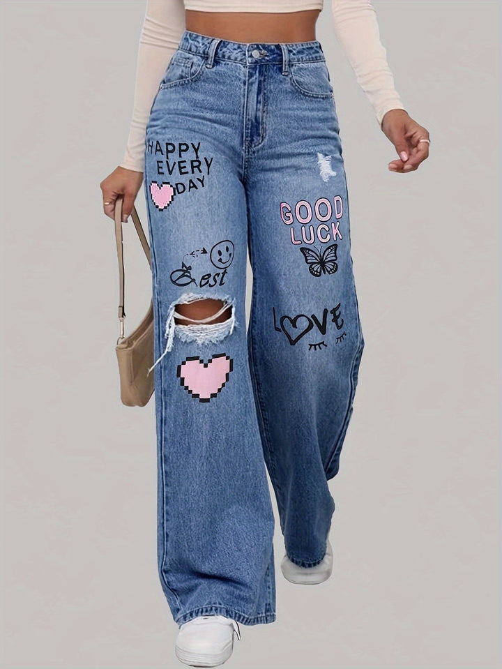 Kräftige Grafik High-Waist Weite Denim-Jeans