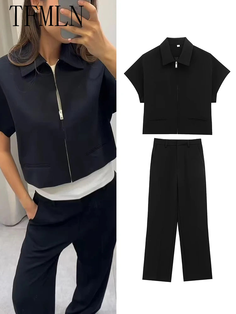 Damen Slim Revers Reißverschluss Kurzarm Mantel Oberteil Weite Bein Hose Set Schwarz