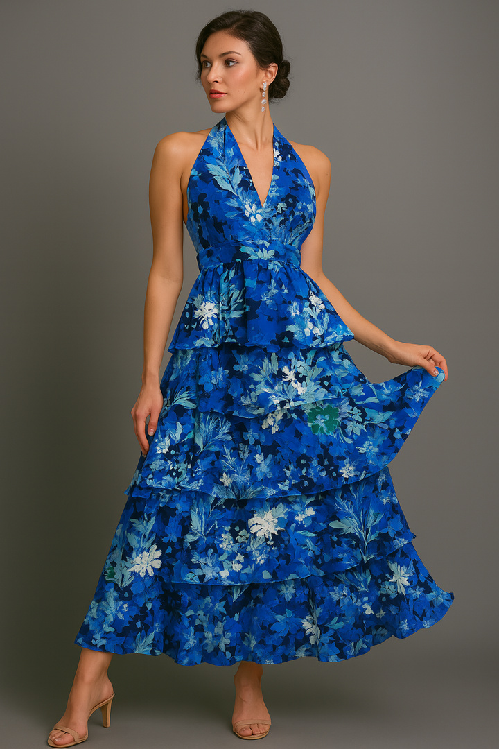 Maxikleid mit Blumenmuster, Neckholder, gestuften Rüschen und Taillendetail