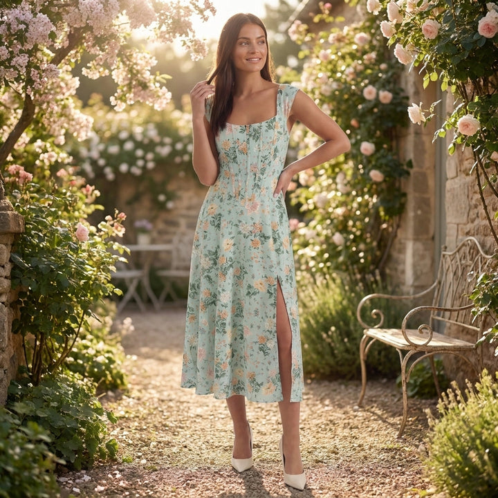 Damen Korsett Midikleid Elegantes Hochzeitsgastkleid