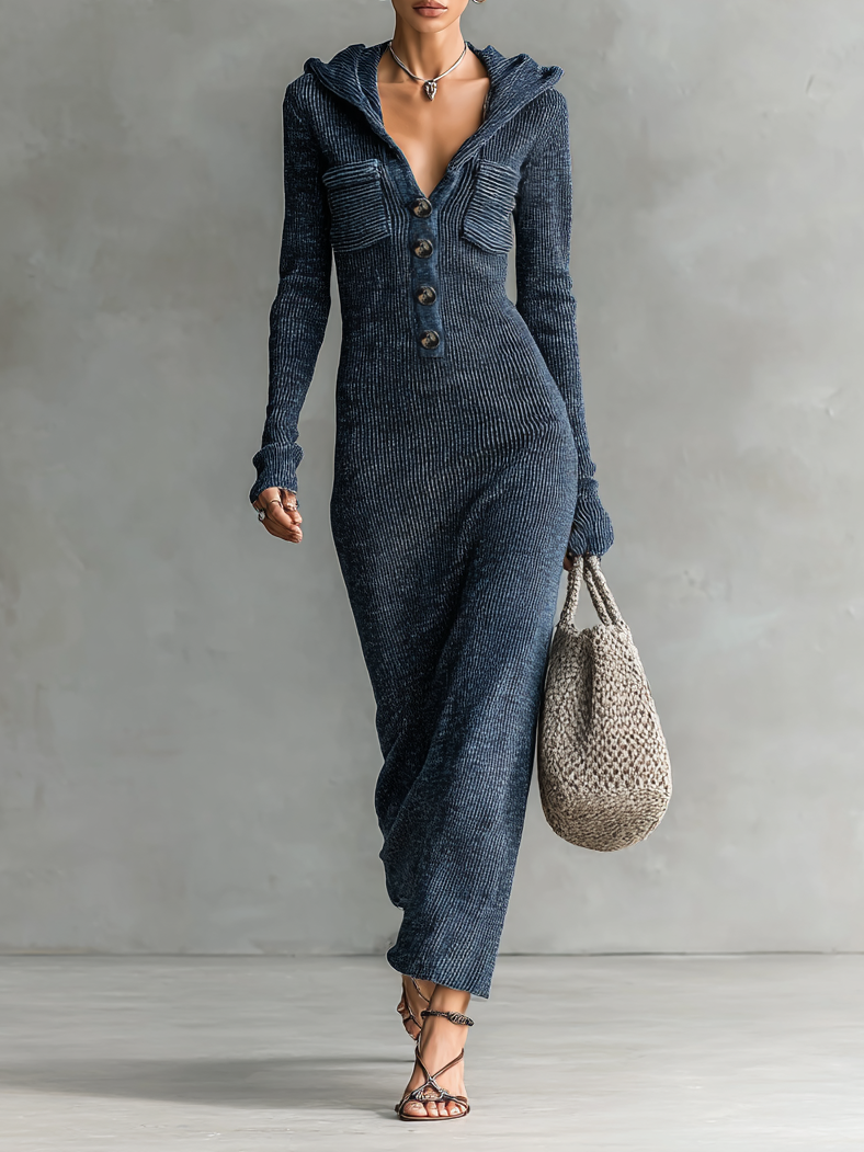 Damen Figurbetontes Strick Maxikleid Mit Kapuze