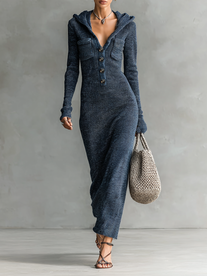 Damen Figurbetontes Strick Maxikleid Mit Kapuze