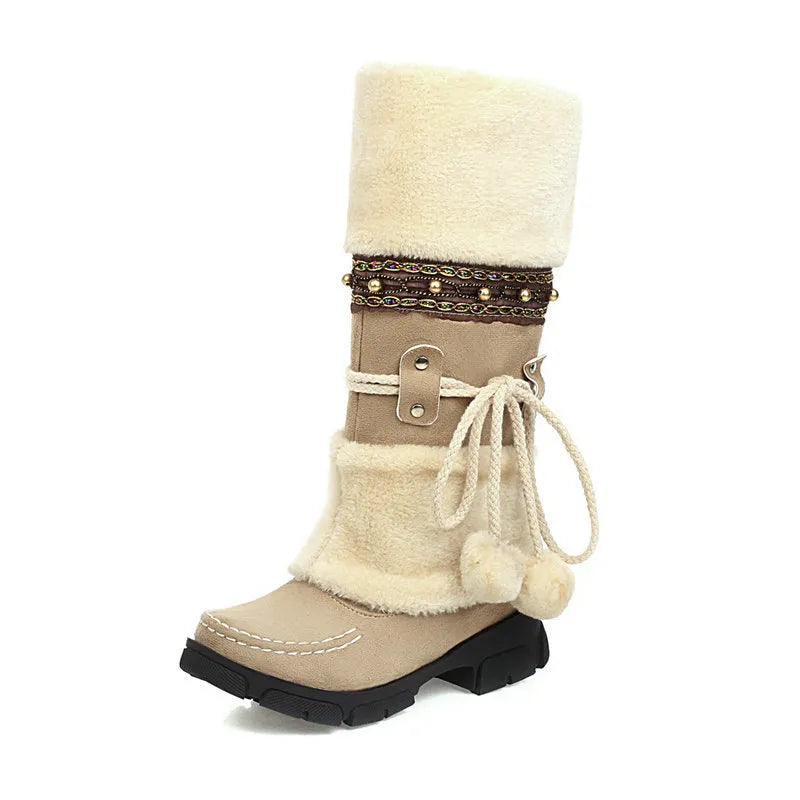 Boho Chic Kunstleder Kniehohe Winterstiefel