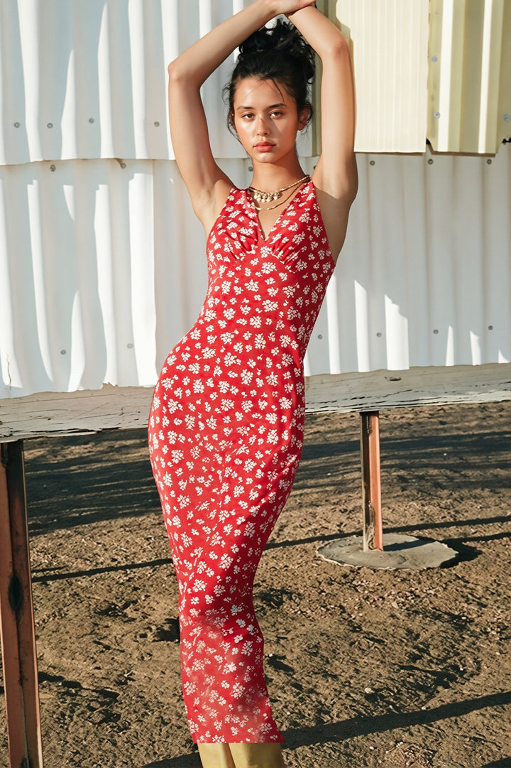 Ärmelloses Damen-Maxikleid mit floralem Muster und fließender Passform