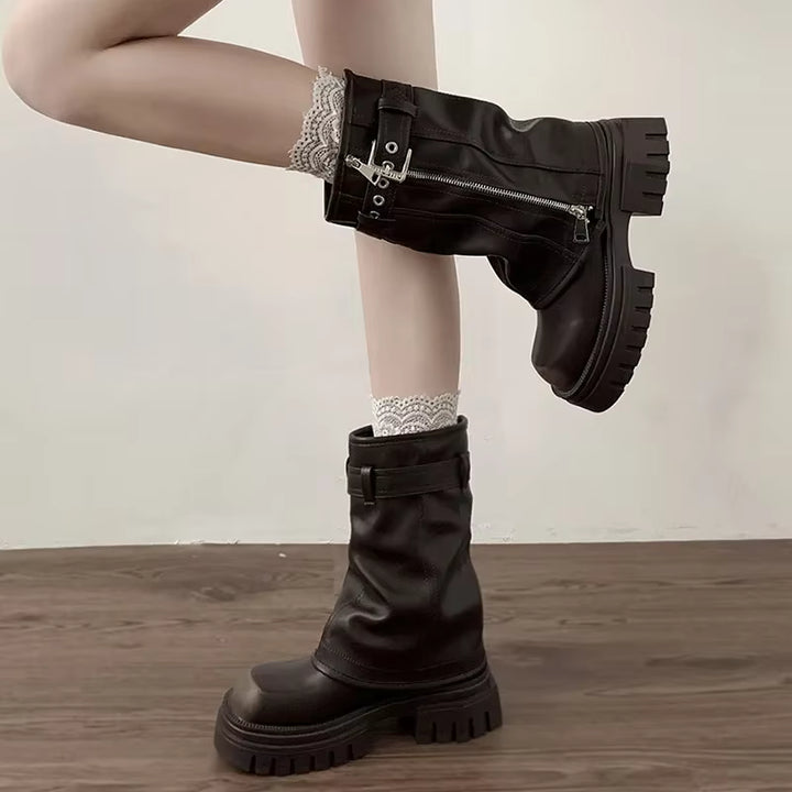 Damen Plateau-Biker-Stiefeletten mit Schnallen