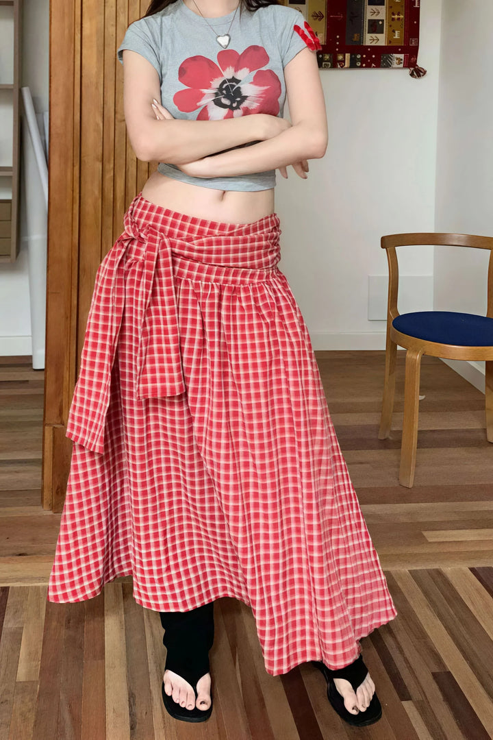 Karierter Polyester A-Linien Midirock Rot und Schwarz