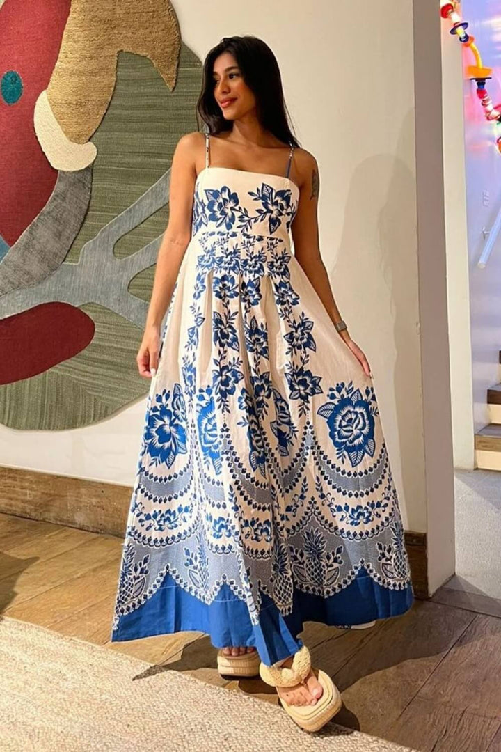 Polyester Spaghettiträger Midi Kleid Blau