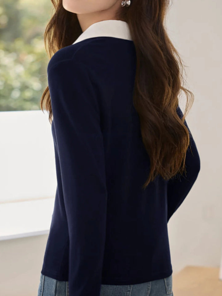 Damen Strick-Polohemd mit langen Ärmeln, Marineblau mit kontrastierendem Kragen