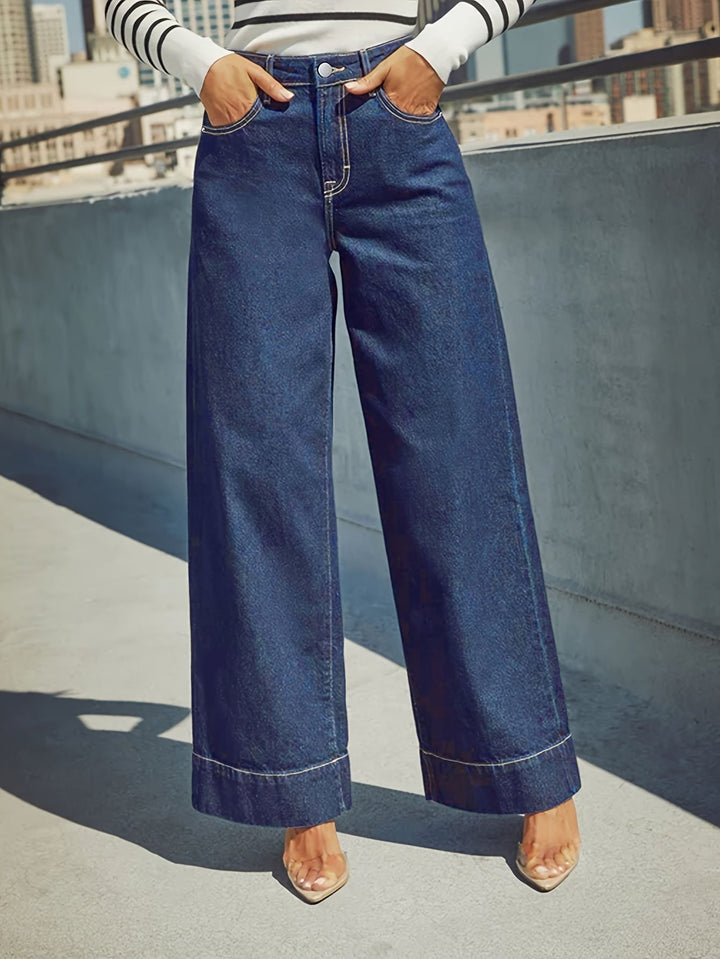 High-Waist Weite Stretch-Denim-Jeans mit umgeschlagenem Saum