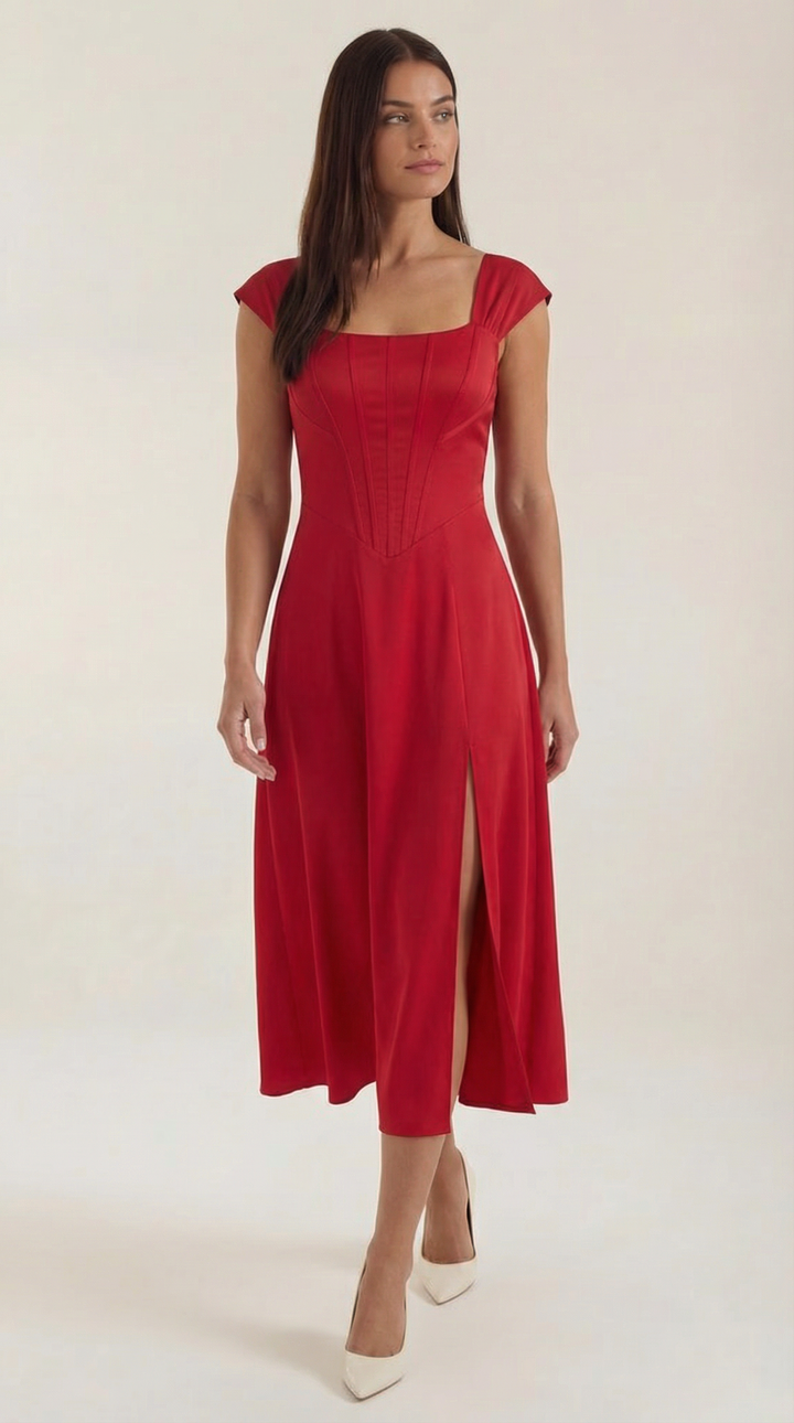 Damen Korsett Midikleid Elegantes Hochzeitsgastkleid