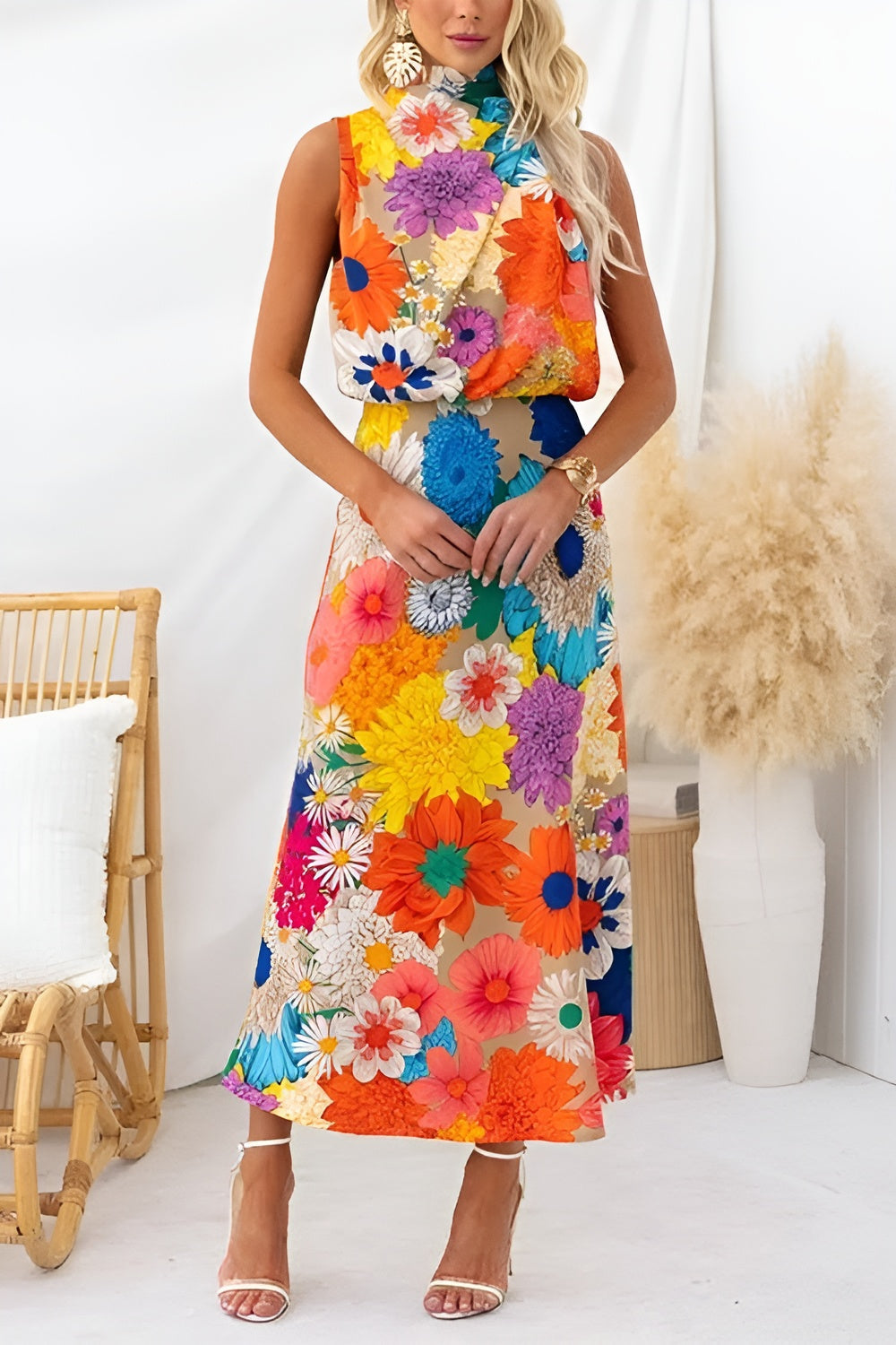 Ärmelloses Maxikleid mit Blumenmuster und Schleifenkragen