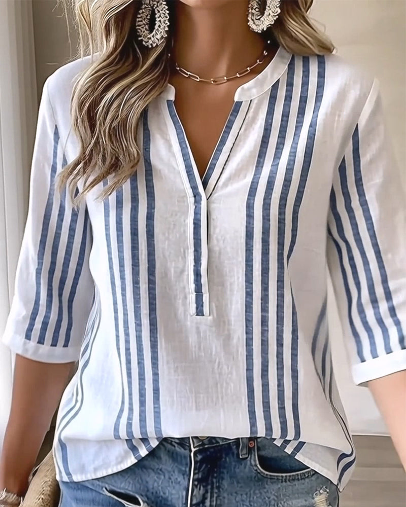 Baumwollmischung Bluse mit vertikalen Streifen und Stehkragen Blau