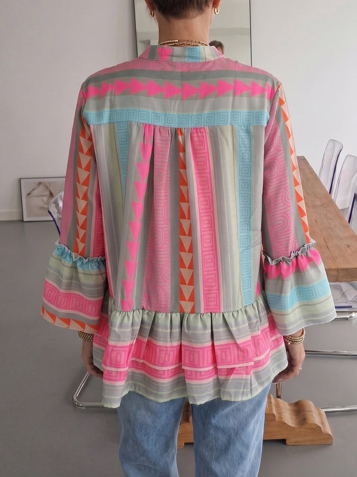 Damenbluse mit V-Ausschnitt und Volantsaum in Rosa-Grau, elegante Langarm-Ansicht