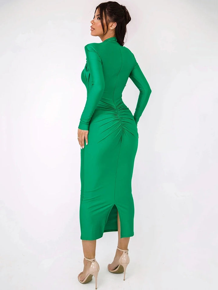 Kalentha® | Grünes Midikleid mit Drapierung und Goldring-Detail