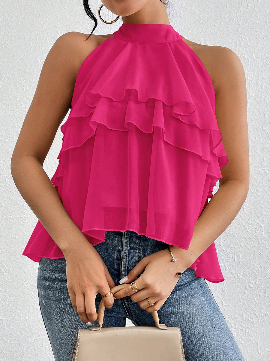 Damen Neckholder Tanktop Aus Chiffon Mit Volantbesatz