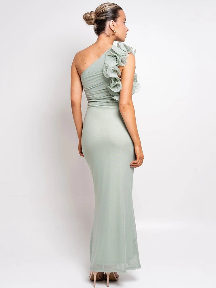Damen Abendkleid One Shoulder – Asymmetrisch mit Blumenapplikation