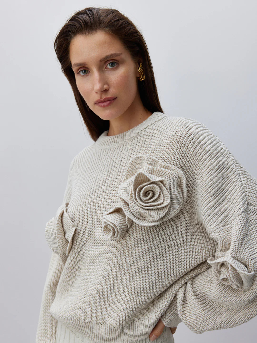 Gemütlicher 3D-Rosen-Strickpullover mit lockerer Passform