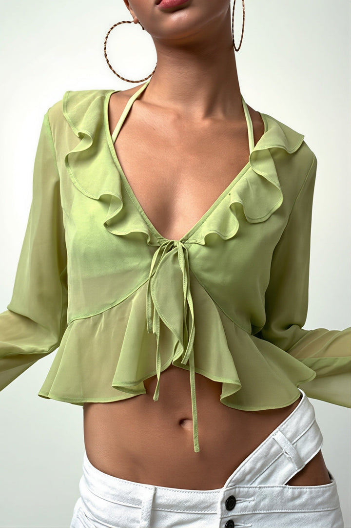 Damen Crop Bluse mit Volants und V-Ausschnitt in transparenter, luftiger Optik