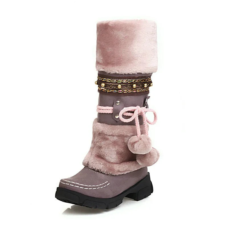 Boho Chic Kunstleder Kniehohe Winterstiefel